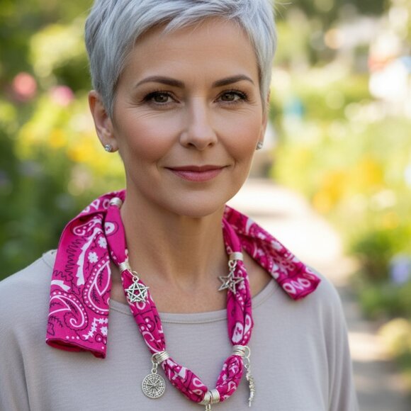 “Moonlight Spirit” Necklace Handcrafted pink bandana necklace with silver charm - Picture 1 of 2